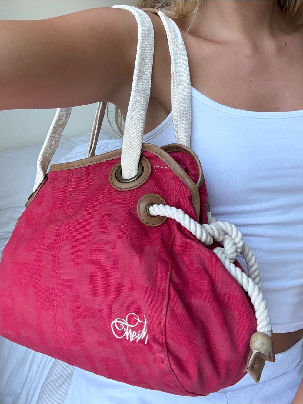Vintage O'Neill 90's y2k red Canvas Tote with Cream Rope Handles beach bag